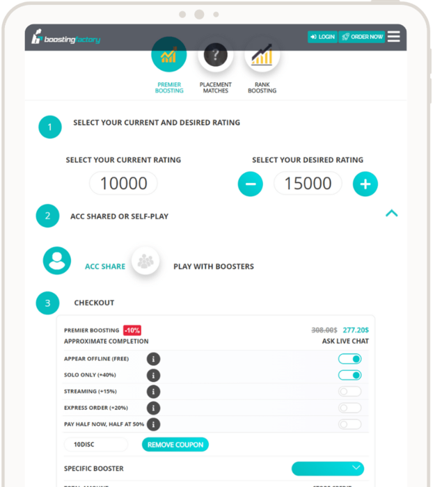 cs2 boosting platform showcasing order process on a tablet